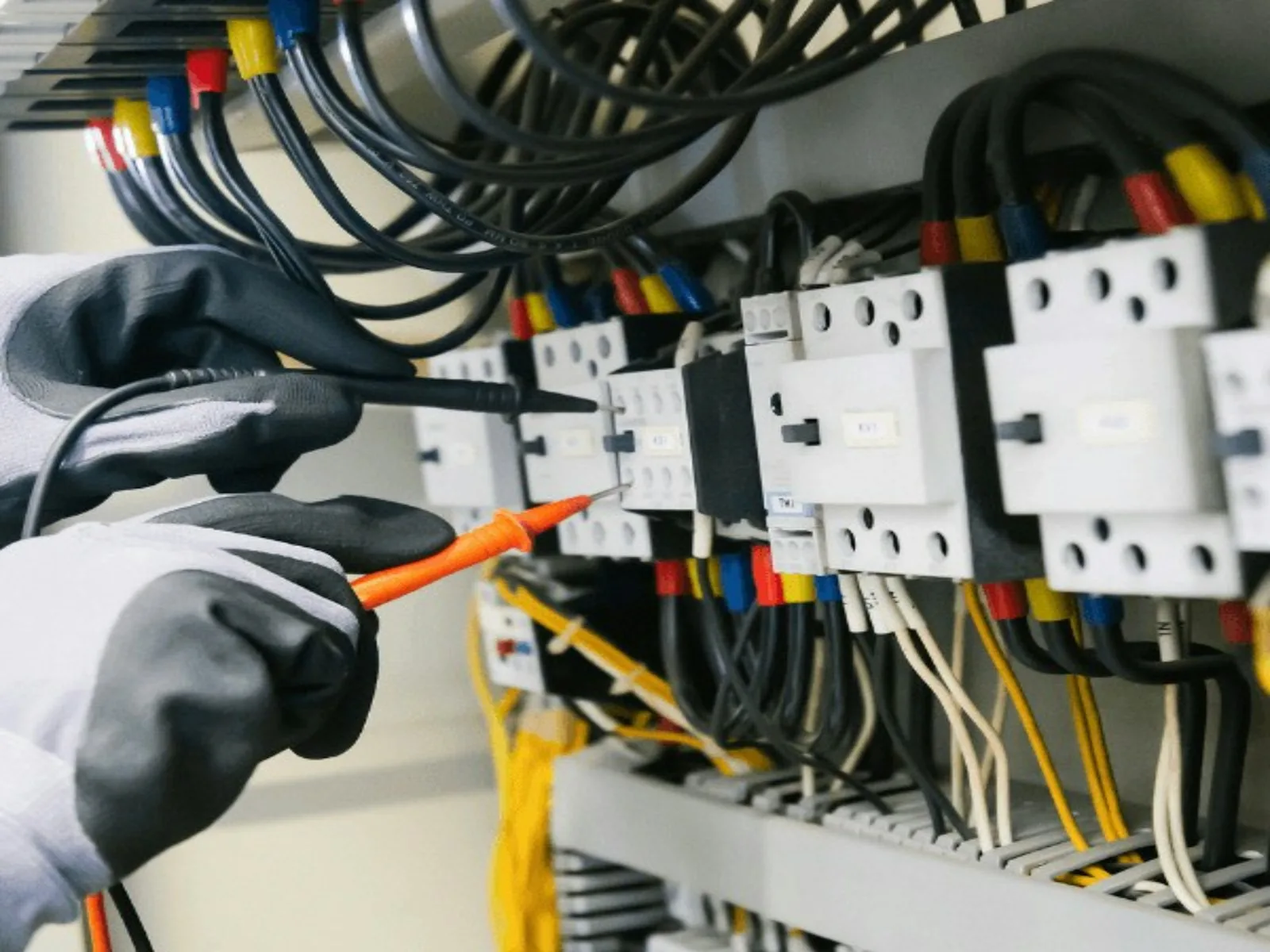 Elektrik panosunu ölçü aletiyle test eden teknisyen