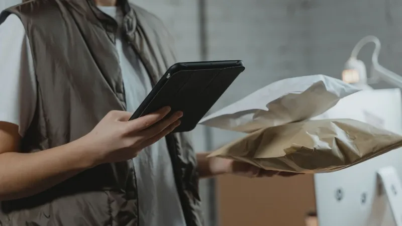 Elinde tablet ve paketler tutarak siparişleri kontrol eden depo çalışanı