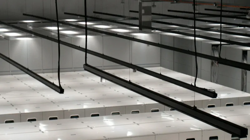 Beyaz sunucu kabinleriyle dolu modern bir veri merkezi