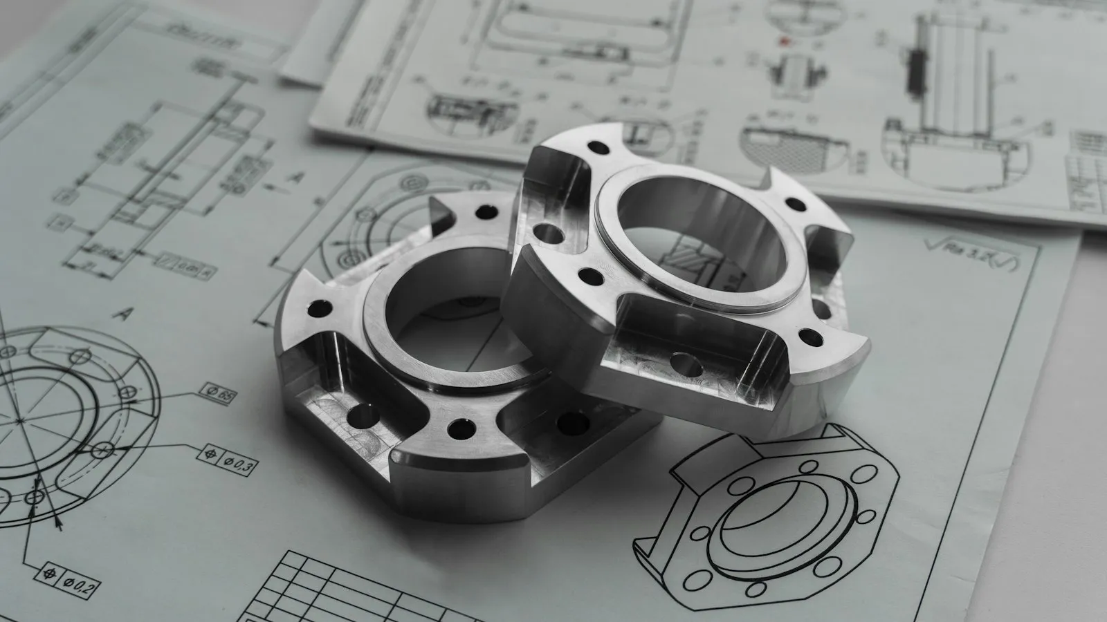 Two metal machine parts resting on technical drawings