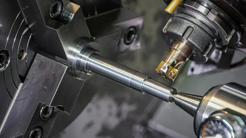 A metal shaft clamped in a lathe chuck being machined with a cutting tool