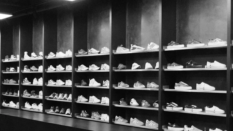 Zapatillas deportivas alineadas en fila en las estanterías de una tienda